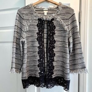 Chico’s Black and White Cardigan with Black Lace Trim Chico’s Size 2 (L 12)